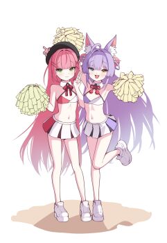 2girls absurdres ahoge animal_ear_fluff animal_ears beret black_hat blue_eyes bow bowtie cheerleader closed_mouth collar commentary_request detached_collar dot_nose flat_chest fox_ears fox_girl full_body green_eyes hair_intakes hair_ornament hair_rings hanako_nana hands_up hat heterochromia highres holding holding_pom_poms korean_commentary leg_up long_hair looking_at_viewer miniskirt multiple_girls navel no_shirt no_tail open_mouth peto_(hanako_nana) pink_hair pleated_skirt pom_pom_(cheerleading) pom_pom_(clothes) pom_pom_hair_ornament pom_poms red_bow red_bowtie selectionchoco shirt shoes simple_background skirt smile sneakers standing standing_on_one_leg stellive stomach straight_hair tenko_shibuki two-tone_bra v very_long_hair virtual_youtuber white_background white_collar white_shirt white_shoes wispy_bangs yellow_eyes