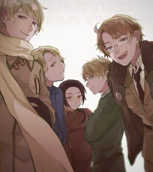 5boys ahoge america_(hetalia) arrow_(symbol) axis_powers_hetalia belt black-framed_eyewear black_belt black_necktie blonde_hair blue_eyes blush breast_pocket brown_coat brown_eyes brown_hair brown_jacket brown_pants buttons capelet changpao china_(hetalia) chinese_clothes closed_mouth coat collared_capelet collared_coat collared_shirt commentary_request cowboy_shot crossed_arms english_text facial_hair fangs france_(hetalia) from_side fur-trimmed_jacket fur_trim glasses green_eyes green_jacket green_shirt half-closed_eyes hands_in_opposite_sleeves highres ippaityuki jacket lapels long_hair long_sleeves looking_at_viewer low_ponytail male_focus mandarin_collar medal military military_jacket military_uniform multiple_boys necktie open_clothes open_jacket open_mouth pants pocket ponytail purple_capelet purple_eyes purple_jacket red_shirt russia_(hetalia) scarf semi-rimless_eyewear shirt short_hair sidelocks simple_background smile standing star_(symbol) star_ornament star_print teeth tongue united_kingdom_(hetalia) white_background white_scarf white_shirt wide_sleeves