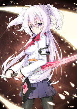 Rule 34 | 10s, 1girl, black pantyhose, blush, breasts, brown background, female focus, gakusen toshi asterisk, highres, long hair, looking at viewer, origami (poinia), pantyhose, pink hair, purple eyes, school uniform, solo, sword, toudou kirin, two side up, v-shaped eyebrows, weapon