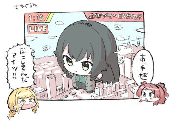 3girls aircraft blonde_hair chibigurumi city closed_mouth coat expressionless fujita_kotone gakuen_idolmaster giant giantess green_eyes green_hair hanami_saki helicopter idolmaster long_hair multiple_girls news ngetyan red_hair speech_bubble standing translation_request tsukimura_temari