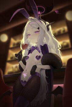 1girl alternate_costume animal_ears bar_(place) black_gloves black_pantyhose blue_archive blurry blurry_background bow breasts chair cocktail_glass cup dat_(dat14382) drinking_glass fake_animal_ears fishnet_pantyhose fishnets gloves halo heart_pasties highres hina_(blue_archive) holding holding_cup horns leaning_back loli long_hair looking_at_viewer navel pantyhose pasties purple_bow purple_eyes purple_halo rabbit_ears reverse_bunnysuit reverse_outfit small_breasts smile solo white_hair