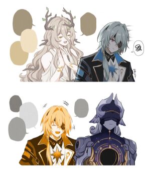 +++ 1girl 2boys anaxa_(honkai:_star_rail) arm_markings artist_name ascot bare_shoulders black_jacket blank_speech_bubble blue_eyes blue_hair branch calypso_(honkai:_star_rail) chain closed_eyes closed_mouth clothing_cutout constellation crystal_earrings dress earrings empty_eyes eyepatch gold_chain greco-roman_clothes grey_armor grey_hair hair_between_eyes hair_ornament hands_up highres honkai:_star_rail honkai_(series) horns jacket jewelry lapels leaf long_hair long_sleeves low_ponytail lygus_(honkai:_star_rail) mechanical_arms multicolored_eyes multiple_boys multiple_views nirvelia open_clothes open_jacket open_mouth own_hands_together ponytail purple_eyes purple_pupils robot shirt short_hair short_sleeves shoulder_cutout sidelocks simple_background single_earring smile speech_bubble spoken_squiggle squiggle sweat talking teeth upper_body wavy_hair white_ascot white_background white_dress white_shirt