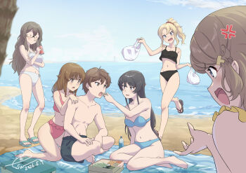1boy 5girls anger_vein azusagawa_kaede bag bare_arms bare_legs bare_shoulders barefoot beach beach_towel bento bikini black_bikini black_hair blonde_hair blue_bikini blue_eyes blue_sky bottle breasts brown_eyes brown_hair can collarbone commentary_request crop_top crossed_arms crossed_legs drink_can drinking drinking_straw esw_artca feeding flip-flops food futaba_rio glasses green_sandals hand_on_another's_shoulder highres holding holding_bag holding_can koga_tomoe long_hair looking_at_another looking_to_the_side medium_breasts medium_hair midriff multiple_girls navel no_shirt ocean open_mouth picnic_basket pink_bikini ponytail sakurajima_mai sandals sandwich seishun_buta_yarou shopping_bag short_hair shorts shouting sky soda_can stomach strapless strapless_bikini surprised swimsuit towel toyohama_nodoka tree water_bottle white_bikini yellow_bikini