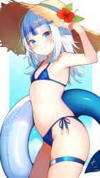 Rule 34 | 1girl, :3, armpits, asakuno meron, bare arms, bikini, blue bikini, blue bra, blue eyes, blue panties, blush, bra, commentary request, cowboy shot, fins, fish tail, flat chest, flower hat, flower in hat, gawr gura, hair flaps, hat, highres, holding, holding swim ring, hololive, hololive english, innertube, large hat, looking at viewer, looking to the side, medium hair, multicolored background, multicolored hair, navel, open mouth, outside border, panties, shark tail, single bare leg, solo, sparkle, stitched tail, straw hat, streaked hair, swim ring, swimsuit, tail, teeth, thigh strap, two-tone background, two-tone hair, underwear, virtual youtuber, white hair