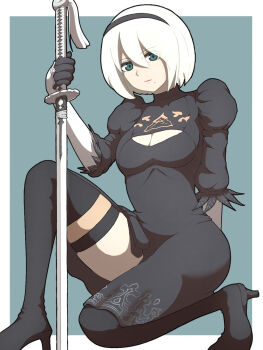 1girl 2b_(nier:automata) arm_behind_back black_boots black_dress black_gloves black_hairband blue_background blue_eyes boots breasts cleavage cleavage_cutout closed_mouth clothing_cutout commentary_request detached_sleeves dress edgar0ekaki expressionless feather-trimmed_sleeves full_body gloves hairband highres holding holding_sword holding_weapon katana looking_at_viewer medium_breasts mole mole_under_mouth nier:automata nier_(series) no_blindfold on_one_knee puffy_short_sleeves puffy_sleeves short_hair short_sleeves solo sword thigh_boots two-tone_background weapon white_background white_hair white_sleeves