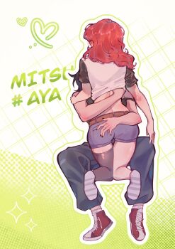 2girls belt black_nails blue_shorts brown_belt clothes_lift commentary couple english_commentary facing_away foreplay from_behind full_body grid_background hand_on_another&#039;s_ass hand_under_clothes hand_under_shirt heart hegaiii highres invisible_chair kininatteru_hito_ga_otoko_ja_nakatta koga_mitsuki lifting_another&#039;s_clothes long_hair median_furrow multiple_girls oosawa_aya pants red_hair ship_name shirt shirt_lift shoes short_shorts short_sleeves shorts single_thighhigh sitting sneakers sparkle t-shirt thighhighs wavy_hair yuri