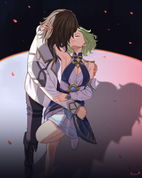 1boy 1girl absurdres afureru_colors ankle_boots black_boots black_pants boots breasts brown_hair cleavage closed_mouth commentary dancing detached_sleeves dress genshin_impact green_hair grey_eyes highres knee_boots knee_up lips long_sleeves medium_breasts pants rerir_(genshin_impact) shadow shirt short_hair signature tholindis_(genshin_impact) white_boots white_dress white_shirt