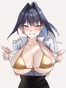 1girl absurdres bikini black_hair black_skirt blue_eyes blue_hair blush bra breasts commentary embarrassed flustered gold_bikini hair_intakes highres hololive hololive_english large_breasts long_hair looking_at_viewer multicolored_hair nervous nurizza_ilst open_clothes open_shirt ouro_kronii partially_unbuttoned pencil_skirt shirt short_hair shy simple_background skirt smile solo swimsuit unbuttoned unbuttoned_shirt underwear virtual_youtuber white_background