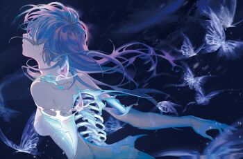 1girl absurdres arched_back arms_behind_back bone bug butterfly closed_eyes closed_mouth commentary_request dress ghost highres insect long_hair melting nude pink_hair revision ribs saigyouji_yuyuko skeleton solo touhou white_dress xianyu_liang