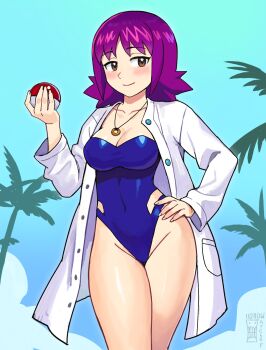 1girl absurdres blue_one-piece_swimsuit blush breasts brown_eyes cleavage collarbone covered_navel day hand_on_own_hip highres holding holding_poke_ball jewelry lab_coat large_breasts looking_at_viewer necklace nintendo one-piece_swimsuit outdoors poke_ball pokemon pokemon_(anime) pokemon_(classic_anime) professor_ivy purple_hair smile solo swimsuit watcher_hollow