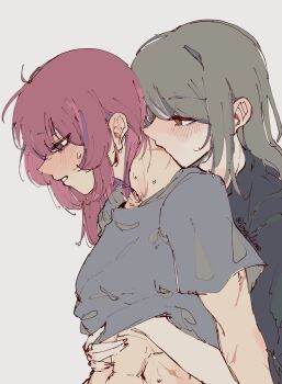 2girls abs brown_hair clothes_lift grabbing_from_behind grey_background grey_hair grey_shirt greyl1me highres kiss kissing_neck loli_(to_be_hero_x) multiple_girls purple_eyes purple_hair scar scar_on_arm scar_on_neck shirt shirt_lift simple_background sweat to_be_hero to_be_hero_x wang_nuonuo yuri