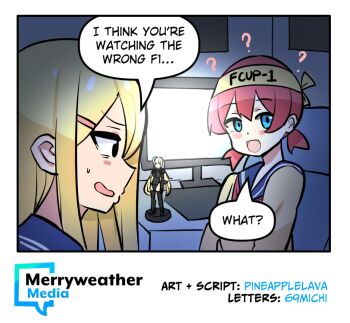 2girls :d ? artist_name black_eyes blue_eyes blush_stickers commentary confused double-parted_bangs english_commentary english_text figure formula_one hair_ornament hairclip indoors long_hair looking_at_another merryweather monitor multiple_girls open_mouth original pineapple_(pine) pink_hair shirt short_hair small_sweatdrop smile speech_bubble talking yellow_shirt