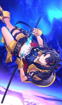 Rule 34 | 1girl, bandaged leg, bandages, bandaid on stomach, bandeau, belt, black bow, black hair, blue background, blue bandeau, boots, bow, breasts, brown belt, collarbone, colored inner hair, commentary request, cowgirl (western), cropped vest, curtained hair, earrings, fate/grand order, fate (series), fingerless gloves, fringe trim, game cg, gloves, gold earrings, grin, gun, hair bow, holding, holding sword, holding weapon, holster, holstered, ishtar (fate), jewelry, katana, lace-up boots, long hair, looking at viewer, morii shizuki, multicolored hair, navel, official art, open clothes, open vest, red eyes, red hair, sheath, sheathed, short shorts, shorts, single bare arm, small breasts, smile, solo, space ishtar (fate), space ishtar (second ascension) (fate), standing, stomach, sword, thigh holster, thigh strap, third-party source, tiara, two-tone hair, two side up, very long hair, vest, weapon, yellow boots, yellow gloves, yellow shorts, yellow vest