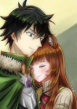 Rule 34 | 1boy, 1girl, animal ear fluff, animal ears, armor, black hair, blunt bangs, breastplate, brown hair, cloak, closed eyes, closed mouth, commentary request, couple, dress, facing another, fur-trimmed hood, fur trim, gem, gold trim, green cloak, green eyes, grey armor, hair between eyes, hands up, hetero, hood, hood down, hooded cloak, iwatani naofumi, leather armor, long hair, looking at another, messy hair, metal wrist cuffs, pinstripe dress, pinstripe pattern, pointy nose, portrait, purple gemstone, raccoon ears, raccoon girl, raphtalia, short hair, signature, smile, straight hair, tate no yuusha no nariagari, user uxdj8782, v-shaped eyebrows, watermark, white dress, yellow background