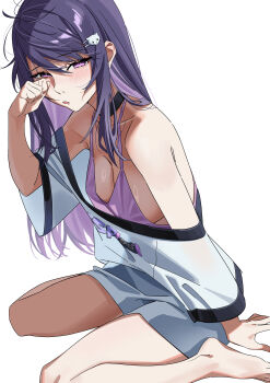 1girl absurdres bare_shoulders black_choker black_trim blush breasts cat_hair_ornament chemise choker commentary covered_erect_nipples drooling from_side full_body hair_ornament hairpin hand_up highres ksp_(vtuber) long_hair looking_at_viewer loungewear medium_breasts meridian_project messy_hair mouth_drool no_pants off-shoulder_shirt off_shoulder parted_lips purple_chemise purple_eyes purple_hair rubbing_eyes ryoyu_(ryoyustarlight) shirt short_sleeves sideboob simple_background sitting solo virtual_youtuber wariza white_background white_shirt wide_sleeves