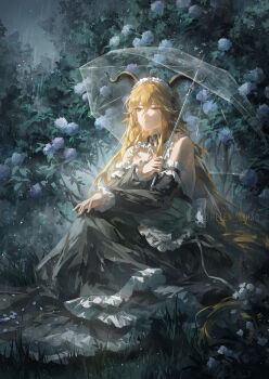 1girl ahoge alternate_costume animal_ears apron arknights back_bow backless_dress backless_outfit bare_shoulders black_horns black_sleeves blonde_hair bow collar commentary degenbrecher_(arknights) detached_collar detached_sleeves dress english_commentary enmaided expressionless foliage frilled_apron frilled_collar frilled_dress frilled_sleeves frills full_body goat_ears goat_horns hair_between_eyes hand_on_own_knee hand_up helen_zzhao highres holding holding_umbrella horns long_dress long_hair long_sidelocks looking_ahead maid maid_apron maid_headdress outdoors parted_lips rain sidelocks sitting sleeveless sleeveless_dress solo spot_color transparent transparent_umbrella twitter_username umbrella unconventional_maid very_long_hair water_drop watermark white_apron white_bow white_headdress yellow_eyes