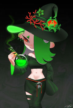 1girl bare_shoulders black_hat black_shirt black_skirt cephalopod_eyes commentary cowboy_shot crop_top earrings fingernails green_hair grin groin hair_over_one_eye halloween_costume hand_on_own_hip hat highres holding_potion horizontal_pupils jewelry long_sleeves medium_hair midriff multiple_earrings navel nintendo octoling off-shoulder_shirt off_shoulder official_alternate_hair_color one_eye_covered pink_pupils potion puchiman red_eyes sharp_fingernails shirt shiver_(splatoon) signature single_sleeve_past_fingers skirt smile solo splatoon_(series) splatoon_3 suction_cups symbol-only_commentary tentacle_hair tooth_earrings torn_clothes torn_skirt wide_sleeves witch_hat