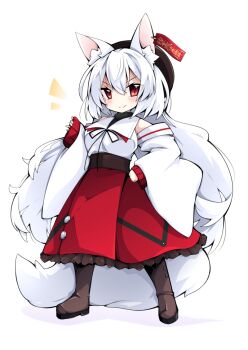 1girl animal_ear_fluff animal_ears bare_shoulders boots brown_boots closed_mouth commission detached_sleeves ear_piercing fox_ears fox_girl fox_tail full_body hair_between_eyes high-waist_skirt long_hair long_sleeves looking_at_viewer notice_lines ofuda original piercing red_eyes red_skirt reku shirt simple_background skeb_commission skirt sleeveless sleeveless_shirt sleeves_past_wrists smile solo standing tail v-shaped_eyebrows very_long_hair white_background white_hair white_shirt white_sleeves wide_sleeves
