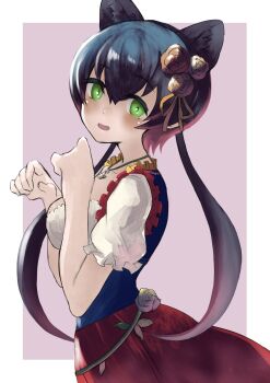 animal_ears black_hair black_leopard_(kemono_friends) blue_dress collar commentary_request dirndl dress flower frilled_collar frills gaga_(gamerakero) german_clothes green_eyes hair_flower hair_ornament highres jewelry kemono_friends kemono_friends_3 leopard_ears leopard_girl looking_at_viewer multicolored_dress necklace official_alternate_costume puffy_short_sleeves puffy_sleeves red_dress short_sleeves solo twintails upper_body white_sleeves