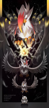 absurdres animal_focus bird black_background black_sclera bright_pupils character_name closed_mouth colored_sclera commentary_request electricity evolutionary_line feathers flying gen_4_pokemon highres mega_pokemon mega_staraptor mixed-language_commentary nintendo no_humans open_mouth peace7322 pokemon pokemon_(creature) pokemon_focus red_eyes signature staraptor staravia starly white_pupils
