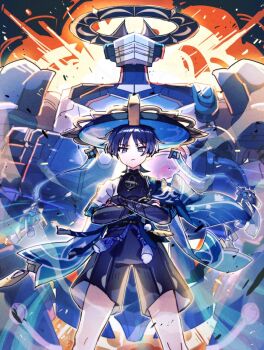 1boy animal_print armor bird_print black_bodysuit black_bridal_gauntlets black_shorts blue_cape blue_hat blue_jingasa blue_sleeves blunt_ends bodysuit bridal_gauntlets bright_pupils cape choppy_bangs closed_mouth commentary_request explosion feathers furisode genshin_impact gold gold_ring grey_eyes gurumin_(gurruguru) hakama hakama_shorts hat imitating japanese_armor japanese_clothes jingasa kimono kote kurokote layered_sleeves looking_at_viewer male_focus mandarin_collar mecha middle_ring pleated_shorts pom_pom_(clothes) purple_hair purple_rope robot rope scaramouche_(genshin_impact) short_sleeves shorts side_cape solo straight-on tassel tsurime wanderer_(genshin_impact) white_pupils white_sleeves white_trim yellow_feathers