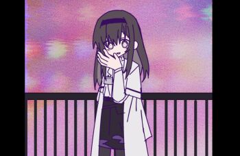 1girl arknights balcony black_hairband black_skirt brown_hair closed_mouth coat commentary_request crazy crazy_eyes diamond_(shape) hairband hand_on_own_face hand_up highres ima_sugu_rinne_(vocaloid) long_hair long_sleeves looking_at_viewer medium_hair pantyhose priestess_(arknights) purple_eyes shirt skirt smile solo sweater symbol-shaped_pupils turtleneck uy white_coat white_sweater