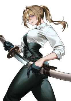 1girl black_corset black_gloves black_necktie black_pants blonde_hair bright_pupils collared_shirt commentary_request corset ear_piercing fang gloves highres holding holding_sheath holding_sword holding_weapon kakashi_(ka_kshi) katana long_hair looking_at_viewer mole mole_under_eye necktie open_mouth original pants piercing ponytail purple_eyes sheath shirt sidelocks simple_background skin_fang solo sword unsheathing weapon white_background white_pupils white_shirt