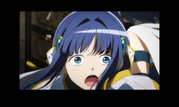 2girls anime_coloring armlet armor artist_request bare_shoulders black_border black_shirt blue_eyes blue_hair blue_shirt blue_sleeves blunt_bangs border cape collared_cape detached_sleeves floating_hair frilled_shirt frills from_behind furrowed_brow game_cg hair_intakes hair_ornament high_collar indoors jewelry long_hair magia_record:_mahou_shoujo_madoka_magica_gaiden magical_girl mahou_shoujo_madoka_magica miki_sayaka multiple_girls nanami_yachiyo official_art outstretched_arm pauldrons shards shirt short_hair shoulder_armor sidelocks solo_focus strapless strapless_shirt surprised turtleneck turtleneck_shirt upper_body veil white_cape white_veil wide-eyed