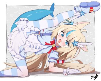 1girl animal_ears blonde_hair blue_eyes blue_hair boppin commission fins fish_girl fish_tail fishnet_thighhighs fishnets flat_chest gloves highres indie_virtual_youtuber loli long_hair multicolored_hair pantyhose sameko_saba shoes solo streaked_hair striped_clothes striped_pantyhose tail thighhighs two-tone_hair variant_set virtual_youtuber white_gloves