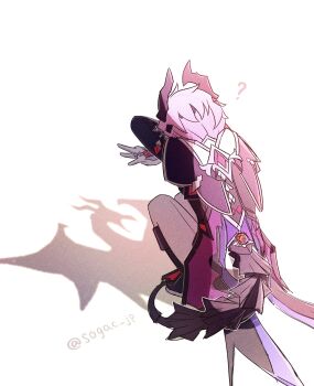 Rule 34 | ?, boots, dragon boy, dragon horns, dragon tail, dragon wings, durin (real) (genshin impact), genshin impact, gloves, highres, horns, mini durin (genshin impact), mini durin (human) (genshin impact), pants, shadow, sogac jp, squatting, tail, vision (genshin impact), watermark, white background, white gloves, white pants, wings