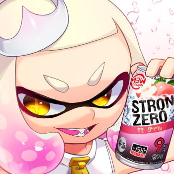 +_+ 1girl arm_up blunt_bangs can commentary_request crown dress energy_drink fangs food forehead fruit gradient_hair holding holding_can ibispaint_(medium) inkling liquid looking_at_viewer medium_hair mini_crown multicolored_hair nintendo open_mouth oversized_zipper paripi_nasubi peach pearl_(splatoon) pink_hair round_teeth short_eyebrows sidelocks simple_background sleeveless sleeveless_dress smile solo splatoon_(series) splatoon_2 star-shaped_pupils star_(symbol) strong_zero symbol-shaped_pupils teeth tentacle_hair thick_eyebrows tilted_headwear tongue upper_body v-shaped_eyebrows white_background white_dress white_hair yellow_eyes zipper zipper_pull_tab