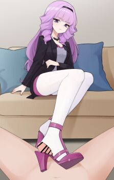 1boy 1girl absurdres bar_censor bead_necklace beads black_hairband blush breasts cardfight!!_vanguard censored clothed_female_nude_male commission couch drill_hair drill_sidelocks erection eyelashes feet footjob footjob_with_legwear foreshortening full_body grey_background grey_shirt hairband hashima_rin hetero highres indoors jacket jewelry legs long_hair long_sleeves looking_at_viewer medium_breasts necklace nude on_couch on_ground open_clothes open_jacket pantyhose parted_lips penis pillow pixiv_commission pov purple_eyes purple_hair purple_shoes shirt shoejob shoes sidelocks simple_background sitting solo_focus strappy_heels white_pantyhose wl217_(nicexa111)