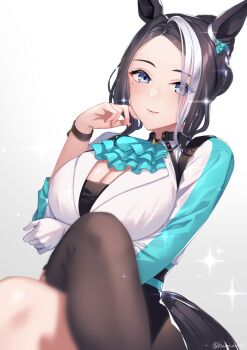 Rule 34 | 1girl, akatsuki (kuon), animal ears, aqua ascot, ascot, black hair, black thighhighs, blue ascot, blue eyes, blush, braid, braided bun, breasts, cleavage, closed mouth, commentary request, crossed legs, gloves, hair bun, horse ears, horse girl, horse tail, large breasts, long sleeves, looking at viewer, mejiro ramonu (onyx line) (umamusume), mejiro ramonu (umamusume), mole, mole under eye, multicolored hair, single glove, single thighhigh, sitting, smile, solo, sparkle, streaked hair, striped hair, tail, thighhighs, umamusume, white gloves, white hair