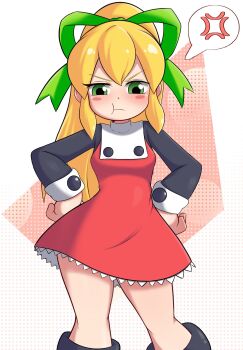 1girl anger_vein blonde_hair blush blush_stickers boots breasts child closed_mouth dress gradient_background green_eyes green_ribbon hair_ribbon hands_on_own_hips kurokiart97 long_hair long_sleeves mega_man_(series) polka_dot polka_dot_background ponytail pout red_dress ribbon roll_(mega_man) small_breasts solo spoken_anger_vein standing