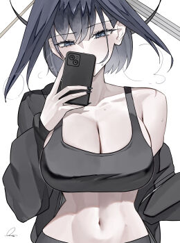 1girl abs absurdres black_jacket black_nails black_sports_bra blue_eyes blue_hair breasts cleavage colored_inner_hair commentary covering_own_mouth ewn fanged_bangs fingernails highres holocouncil hololive hololive_english holopromise huge_breasts jacket jacket_partially_removed linea_semilunaris long_fingernails long_sleeves looking_at_phone medium_hair midriff multicolored_hair muscular muscular_female nail_polish off_shoulder ouro_kronii phone puffy_long_sleeves puffy_sleeves solo sports_bra sweat virtual_youtuber