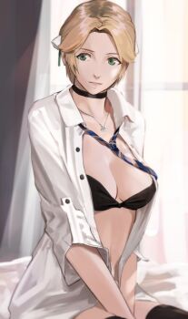 1girl blonde_hair bra breasts choker cleavage fire_emblem fire_emblem:_three_houses green_eyes highres indoors ingrid_brandl_galatea ingrid_brandl_galatea_(timeskip) j@ck jewelry medium_breasts necklace nintendo open_clothes open_shirt shirt short_hair sitting smile solo thighhighs underwear window
