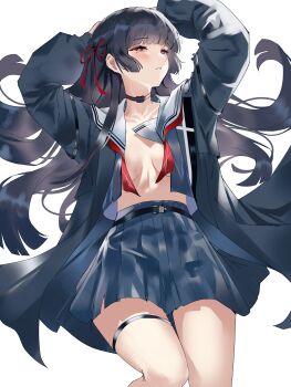 1girl absurdres arms_up black_hair black_jacket black_serafuku black_skirt blush breasts breasts_apart chisa_(wuthering_waves) commentary english_commentary hair_ribbon highres jacket kaburagon long_hair medium_breasts mole mole_under_eye neckerchief no_bra open_clothes open_shirt parted_lips red_eyes red_neckerchief red_ribbon ribbon sailor_collar school_uniform serafuku skirt solo thigh_strap thighs white_sailor_collar wuthering_waves