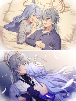 1boy 1girl ^_^ aiga_ippai bare_back bed_sheet blue_hair blue_pajamas brother_and_sister closed_eyes commentary_request feathers grey_hair hair_between_eyes halo halo_behind_head head_wings highres honkai:_star_rail honkai_(series) hug long_hair lying on_back on_bed pajamas robin_(honkai:_star_rail) short_hair siblings smile sunday_(honkai:_star_rail) sunday_(sacerdos'_relived_ordeal)_(honkai:_star_rail) upper_body white_feathers white_wings wings yellow_eyes