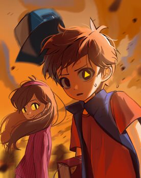 1boy 1girl alternate_eye_color bad_id bad_twitter_id bill_cipher book brother_and_sister brown_hair closed_mouth dipper_pines gravity_falls hairband hat heaj1n highres holding holding_book long_hair looking_at_viewer mabel_pines open_mouth orange_sky pink_hairband pink_sweater possessed red_shirt shirt short_hair siblings sky sweater symbol-shaped_pupils triangle-shaped_pupils upper_body wind yellow_eyes