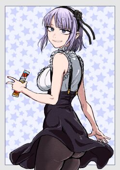 absurdres ass bare_shoulders black_skirt blue_eyes breasts dagashi_kashi from_side highres large_breasts looking_at_viewer medium_hair purple_hair reiquant shidare_hotaru skirt suspender_skirt suspenders thighhighs thighs v