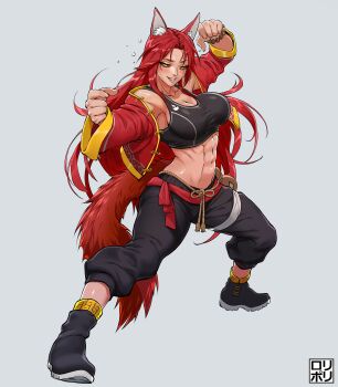 1girl abs absurdres animal_ear_fluff animal_ears artist_logo black_pants black_shoes black_sports_bra bracelet breasts chinese_clothes cleavage colored_sclera commentary commission drunken_fist eku_(awastedninja) fighting_stance fox_ears fox_girl fox_tail full_body grey_background hands_up highres jacket jamrolypoly jewelry large_breasts legs_apart logo long_hair open_clothes open_jacket original pants parted_bangs pearl_bracelet red_hair red_jacket red_sash red_sclera red_tail rope_belt sash shoes simple_background slit_pupils smile solo sports_bra squeans stomach tail tangzhuang toned toned_female yellow_eyes