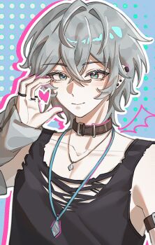 1boy black_tank_top blue_background blue_eyes brown_collar closed_mouth collar crossed_bangs grey_hair hair_between_eyes hand_up highres jewelry looking_at_viewer moyaoyaoyaoyao_r multiple_rings necklace polka_dot polka_dot_background ring short_hair sleeveless smile solo tank_top wise_(zenless_zone_zero) zenless_zone_zero