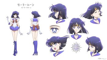 1girl back_bow bishoujo_senshi_sailor_moon boots bow bowtie choker circlet closed_eyes collarbone commentary elbow_gloves english_commentary full_body gloves high_heel_boots high_heels highres looking_at_viewer magical_girl medium_hair miniskirt multiple_girls open_mouth outer_senshi purple_boots purple_choker purple_eyes purple_hair purple_sailor_collar purple_skirt red_bow red_bowtie reference_sheet sailor_collar sailor_saturn sailor_senshi sailor_senshi_uniform sidney_deng signature simple_background skirt tomoe_hotaru upper_body white_background white_gloves