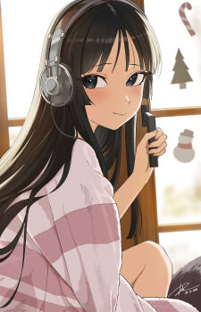1girl akiyama_mio black_eyes black_hair candy candy_cane closed_mouth commentary dai_(tdaitw) dated food from_side headphones highres k-on! long_hair signature smile solo striped_clothes striped_sweater sweater