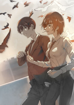 1boy 1girl absurdres bird chainsaw_man cigarette collared_shirt earrings formal_clothes hand_in_pocket hayakawa_aki high-waist_pants highres himeno_(chainsaw_man) jewelry long_sleeves looking_at_another necktie outdoors pants ponytail sharing shirt short_hair short_ponytail smoking suit vii_(joshuayuen)