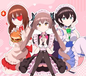 3girls absurdres aoi_erika apron aqua_eyes atnamiret black_dress black_hair black_thighhighs blue_dress blush bow breasts brown_hair burger butterfly_hair_ornament can closed_mouth cup dot_mouth dress drink drink_can drinking_straw eyepatch food french_fries frilled_apron frilled_dress frills green_eyes hair_between_eyes hair_ornament heaven_burns_red highres hiiragi_kozue holding holding_can holding_drink holding_food ice_cream long_hair looking_at_viewer maid maid_apron maid_headdress multiple_girls ogasawara_hisame one_eye_covered outline pink_background pink_eyes puffy_short_sleeves puffy_sleeves red_bow ribbon short_hair short_sleeves sitting smile soda soda_can symbol-shaped_pupils thighhighs twintails very_long_hair white_outline white_thighhighs wrist_cuffs yellow_eyes