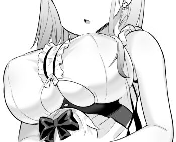 1girl azur_lane azur_lane:_slow_ahead bare_shoulders bow bracelet breast_focus breasts chestnut_mouth clothing_cutout commentary dido_(azur_lane) earrings eyes_out_of_frame frills greyscale hair_bow hair_ornament hair_ribbon head_out_of_frame holding holding_stuffed_toy hori_(hori_no_su) jewelry lace_trim large_breasts long_hair maid monochrome official_art open_mouth ribbon sideboob simple_background sleeveless solo stuffed_animal stuffed_toy underboob underboob_cutout upper_body white_background