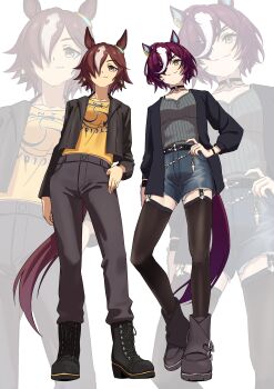 2girls absurdres animal_ears belt black_belt black_boots black_jacket black_thighhighs blue_shorts boots breasts brown_eyes brown_hair camisole choker closed_mouth commentary_request denim denim_shorts eyepatch garter_straps grey_camisole hair_over_one_eye hand_on_own_hip highres horse_ears horse_girl horse_tail jacket jewelry killtenshi leather leather_jacket long_hair long_sleeves medium_breasts multicolored_hair multiple_girls open_clothes open_jacket pants pendant_choker ponytail ribbed_camisole ribbed_tank_top shirt short_hair shorts smile streaked_hair tail tanino_gimlet_(casual)_(umamusume) tanino_gimlet_(umamusume) thighhighs umamusume vodka_(casual)_(umamusume) vodka_(umamusume) white_hair yellow_eyes yellow_shirt zoom_layer