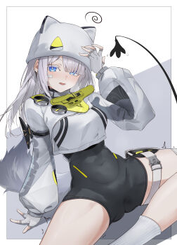 1girl absurdres animal_hat arknights arknights:_endfield bandaid bandaid_on_face beanie black_bodysuit blue_eyes bodysuit cat_hat cat_tail estella_(arknights) fingerless_gloves gloves hat highres medium_hair shirt shrug_(clothing) sizuhaipa_(x-r-c) socks solo tail white_gloves white_hair white_hat white_shirt white_shrug white_socks