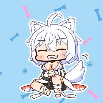 1girl animal_ears arm_wrap black_shorts blue_background blush breasts chibi chibi_only cleavage closed_eyes commentary_request dog_ears dog_girl dog_tail foot_wraps full_body grin hair_between_eyes highres large_breasts official_alternate_costume ragnarok_online shirt shizukushigure short_hair shorts sitting sleeveless sleeveless_shirt smile solo sura_(ragnarok_online) tail white_hair white_shirt